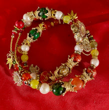 Load image into Gallery viewer, Exotic Yellow Agate Green Jasper, Orange Jasper, Peach Chalcedony, Marbled White Howlite, White Cultured Pearl Gemstone Triple Wrap Bracelet w/ Cute Charms