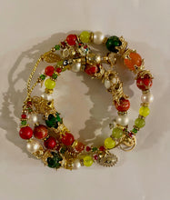Load image into Gallery viewer, Exotic Yellow Agate Green Jasper, Orange Jasper, Peach Chalcedony, Marbled White Howlite, White Cultured Pearl Gemstone Triple Wrap Bracelet w/ Cute Charms