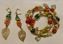 Load image into Gallery viewer, Exotic Yellow Agate Green Jasper, Orange Jasper, Peach Chalcedony, Marbled White Howlite, White Cultured Pearl Gemstone Triple Wrap Bracelet w/ Cute Charms