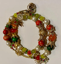 Load image into Gallery viewer, Exotic Yellow Agate Green Jasper, Orange Jasper, Peach Chalcedony, Marbled White Howlite, White Cultured Pearl Gemstone Triple Wrap Bracelet w/ Cute Charms