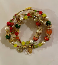 Load image into Gallery viewer, Exotic Yellow Agate Green Jasper, Orange Jasper, Peach Chalcedony, Marbled White Howlite, White Cultured Pearl Gemstone Triple Wrap Bracelet w/ Cute Charms
