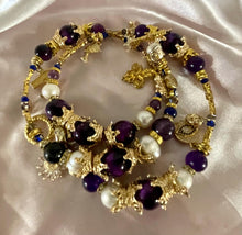 Load image into Gallery viewer, Exotic Natural Amethyst, Purple Tiger Eye and White Cultured Pearl Gemstone Triple Wrap Bracelet