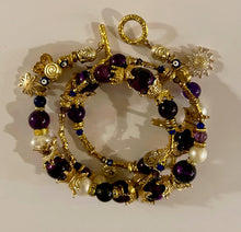 Load image into Gallery viewer, Exotic Natural Amethyst, Purple Tiger Eye and White Cultured Pearl Gemstone Triple Wrap Bracelet