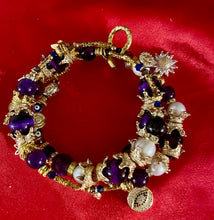 Load image into Gallery viewer, Exotic Natural Amethyst, Purple Tiger Eye and White Cultured Pearl Gemstone Triple Wrap Bracelet