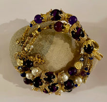 Load image into Gallery viewer, Exotic Natural Amethyst, Purple Tiger Eye and White Cultured Pearl Gemstone Triple Wrap Bracelet