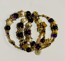 Load image into Gallery viewer, Exotic Natural Amethyst, Purple Tiger Eye and White Cultured Pearl Gemstone Triple Wrap Bracelet