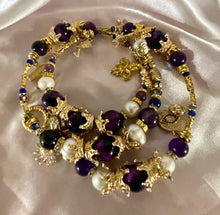 Load image into Gallery viewer, Exotic Natural Amethyst, Purple Tiger Eye and White Cultured Pearl Gemstone Triple Wrap Bracelet