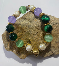 Load image into Gallery viewer, Exotic Light Green Tiger Eye & Light Purple Agate Gemstone Tibetan Stretch Bracelet