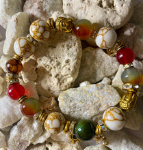 Load image into Gallery viewer, Exotic Red &amp; Green Agate, Marbled Howlite and Dragon Vein Agate Gemstone Stretch Bracelet
