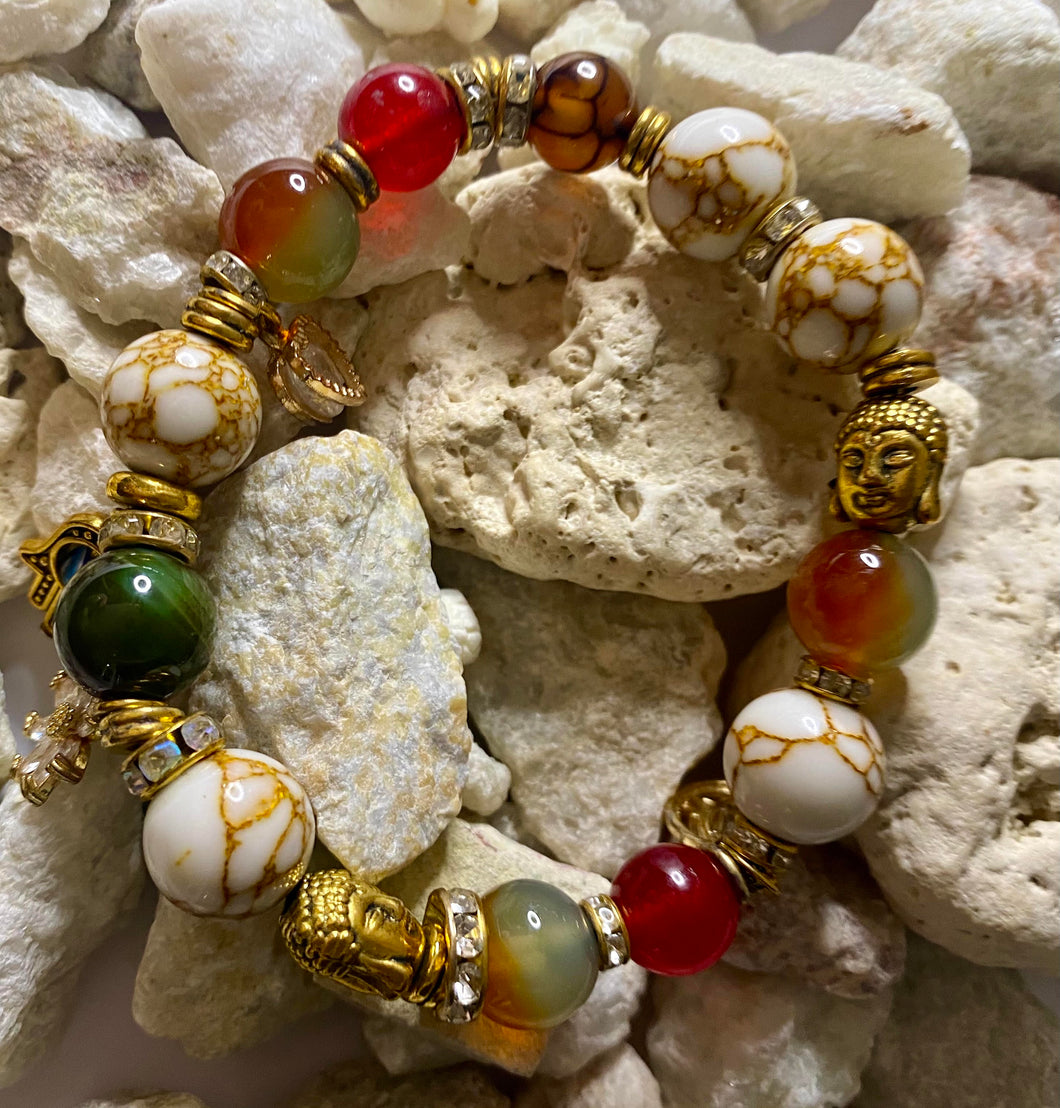Exotic Red & Green Agate, Marbled Howlite and Dragon Vein Agate Gemstone Stretch Bracelet