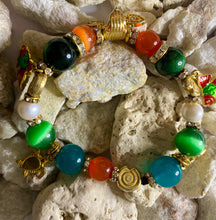 Load image into Gallery viewer, Exotic Green Tiger Eye, Red Agate, Cultured Pearl and Orange Cat Eye Gemstone Stretch Bracelet
