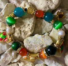 Load image into Gallery viewer, Exotic Green Tiger Eye, Red Agate, Cultured Pearl and Orange Cat Eye Gemstone Stretch Bracelet
