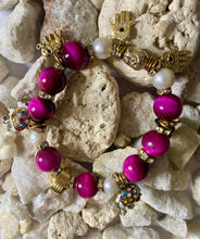 Load image into Gallery viewer, Exotic Fuchsia Tiger Eye and Cultured Pearl Gemstone Stretch Bracelet with Elephant Charms
