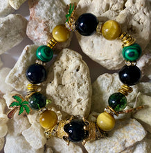 Load image into Gallery viewer, Exotic Black Agate, Green Malachite and Gold Tigereye Gemstone Stretch Bracelet
