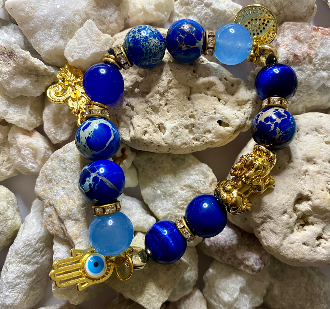 Exotic Blue Jasper, Blue Agate and Blue Tiger Eye Gemstone Stretch Bracelet