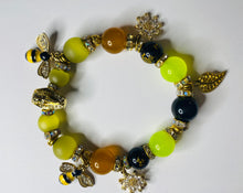 Load image into Gallery viewer, Exotic Yellow &amp; Black Agate Gemstone Stretch Bracelet with Bee Charms
