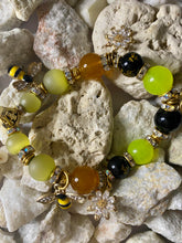 Load image into Gallery viewer, Exotic Yellow &amp; Black Agate Gemstone Stretch Bracelet with Bee Charms
