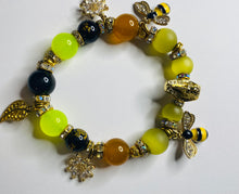 Load image into Gallery viewer, Exotic Yellow &amp; Black Agate Gemstone Stretch Bracelet with Bee Charms
