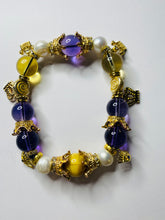 Load image into Gallery viewer, Exotic Amethyst, Citrine, Pearl and Gold Tiger Eye Gemstone Stretch Bracelet
