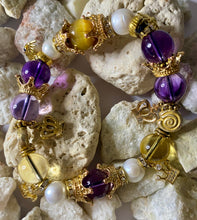 Load image into Gallery viewer, Exotic Amethyst, Citrine, Pearl and Gold Tiger Eye Gemstone Stretch Bracelet
