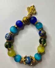 Load image into Gallery viewer, Exotic Turquoise, Blue Matte Agate &amp; Blue Jasper Gemstone Stretch Bracelet with Gold Filled Fleur de Lis Charms
