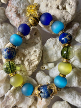 Load image into Gallery viewer, Exotic Turquoise, Blue Matte Agate &amp; Blue Jasper Gemstone Stretch Bracelet with Gold Filled Fleur de Lis Charms
