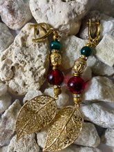 Load image into Gallery viewer, Exotic Green and Red Agate Gemstone Dangle Earrings with Leaf Charm
