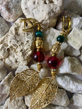 Load image into Gallery viewer, Exotic Green and Red Agate Gemstone Dangle Earrings with Leaf Charm
