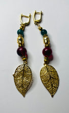 Load image into Gallery viewer, Exotic Green and Red Agate Gemstone Dangle Earrings with Leaf Charm
