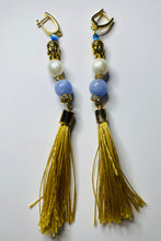 Load image into Gallery viewer, Exotic Lavender, Jade and Pearl Gemstone Dangle Earrings with Silk Tassels
