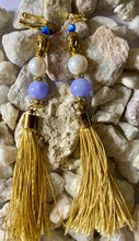 Load image into Gallery viewer, Exotic Lavender, Jade and Pearl Gemstone Dangle Earrings with Silk Tassels
