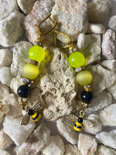 Load image into Gallery viewer, Exotic Yellow and Black Agate Gemstone Dangle Earrings with Bee Charms
