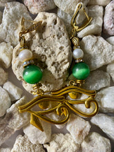 Load image into Gallery viewer, Exotic Green Tiger Eye &amp; Cultured Pearl Gemstone Dangle Earrings with Egyptian Horus Eye Charm
