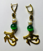 Load image into Gallery viewer, Exotic Green Tiger Eye &amp; Cultured Pearl Gemstone Dangle Earrings with Egyptian Horus Eye Charm
