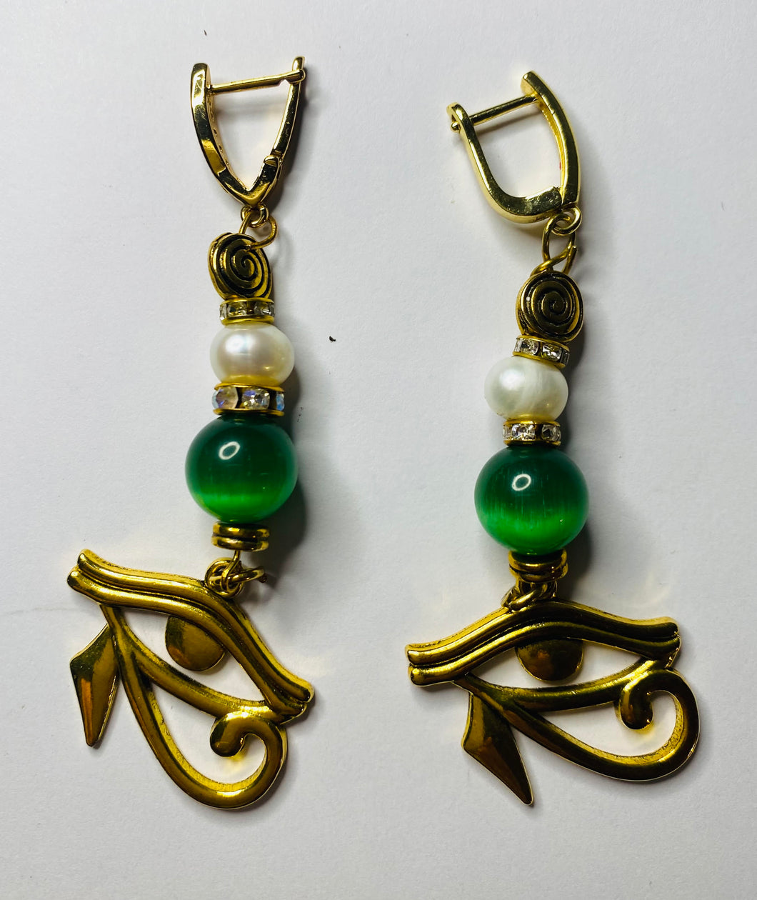 Exotic Green Tiger Eye & Cultured Pearl Gemstone Dangle Earrings with Egyptian Horus Eye Charm