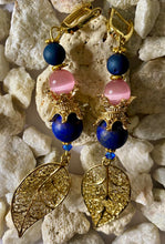 Load image into Gallery viewer, Exotic Matte Blue Agate and Pink Cat Eye Quartz Gemstone Dangle Earrings with Filigree Gold Leaf Charm
