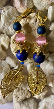 Load image into Gallery viewer, Exotic Matte Blue Agate and Pink Cat Eye Quartz Gemstone Dangle Earrings with Filigree Gold Leaf Charm
