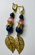 Load image into Gallery viewer, Exotic Matte Blue Agate and Pink Cat Eye Quartz Gemstone Dangle Earrings with Filigree Gold Leaf Charm
