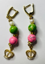 Load image into Gallery viewer, Exotic Light Green &amp; Pink Jasper and Cultured Pearl Gemstone Dangle Earrings with Crown Charm
