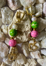 Load image into Gallery viewer, Exotic Light Green &amp; Pink Jasper and Cultured Pearl Gemstone Dangle Earrings with Crown Charm
