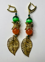 Load image into Gallery viewer, Exotic Green Tiger Eye and Peach Agate Gemstone Dangle Earrings with Gold Leaf Charm
