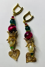 Load image into Gallery viewer, Exotic Fuchsia Pink Tiger Eye, Cultured Pearl and Green Agate Gemstone Dangle Earrings with Gold Filigree Heart Charm
