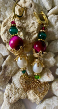 Load image into Gallery viewer, Exotic Fuchsia Pink Tiger Eye, Cultured Pearl and Green Agate Gemstone Dangle Earrings with Gold Filigree Heart Charm
