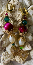 Load image into Gallery viewer, Exotic Fuchsia Pink Tiger Eye, Cultured Pearl and Green Agate Gemstone Dangle Earrings with Gold Filigree Heart Charm
