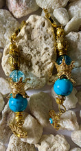 Load image into Gallery viewer, Exotic Light Sky Blue Quartz and Turquoise Gemstone Dangle Earrings with Evil Eye Charms
