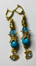 Load image into Gallery viewer, Exotic Light Sky Blue Quartz and Turquoise Gemstone Dangle Earrings with Evil Eye Charms
