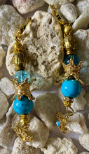 Load image into Gallery viewer, Exotic Light Sky Blue Quartz and Turquoise Gemstone Dangle Earrings with Evil Eye Charms
