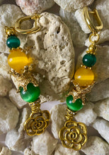 Load image into Gallery viewer, Exotic Deep Yellow &amp; Bright Green Cat Eye Quartz and Green Agate Gemstone Dangle Earrings with Rose Charms
