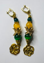 Load image into Gallery viewer, Exotic Deep Yellow &amp; Bright Green Cat Eye Quartz and Green Agate Gemstone Dangle Earrings with Rose Charms
