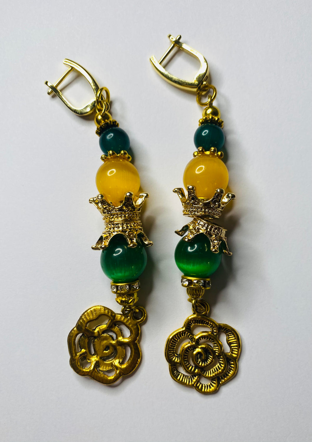 Exotic Deep Yellow & Bright Green Cat Eye Quartz and Green Agate Gemstone Dangle Earrings with Rose Charms